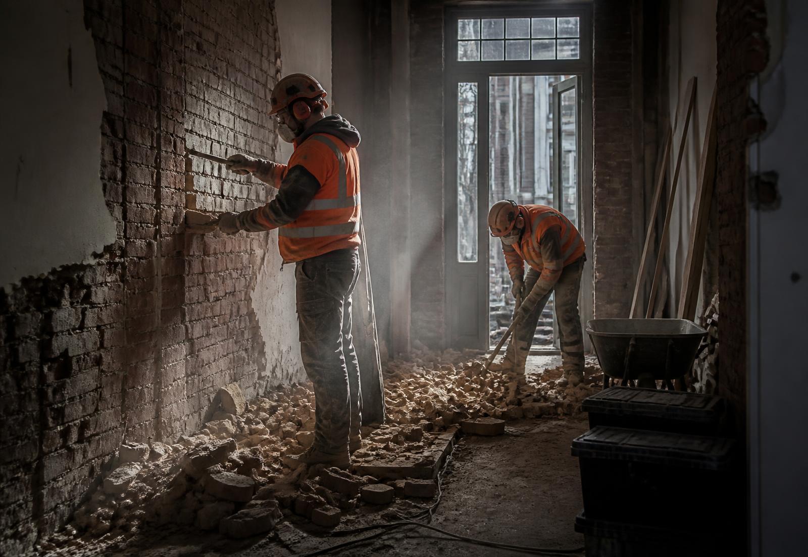 Vakmannen breken een binnenmuur af in een woning in Antwerpen